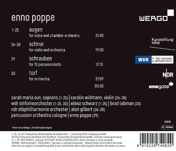 Rückseite einer Musik-CD mit Tracklist und Künstlernamen von Enno Poppe vor schwarzem Hintergrund.