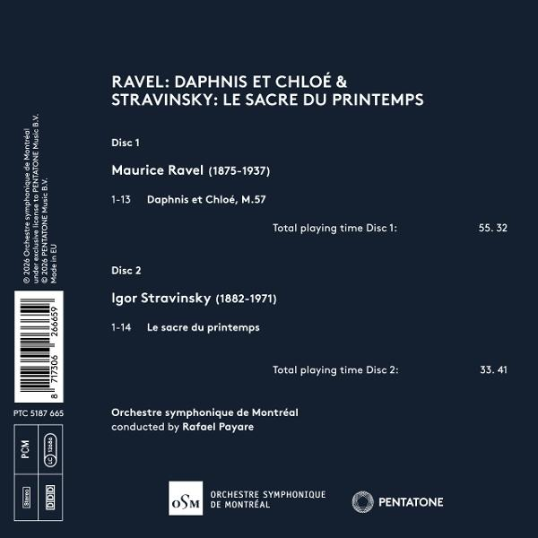 Rückseite einer Musik-CD mit Tracklists von Ravel und Stravinsky, orchestriert von Rafael Payare.