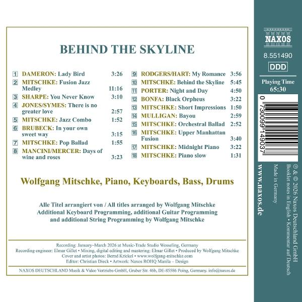 CD-Rückseite für 'Behind the Skyline' von Wolfgang Mitschke mit Titelliste, Mitwirkenden und Barcode.