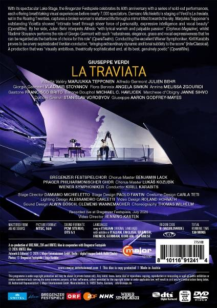DVD-Rückseite von Giuseppe Verdis La Traviata mit Text, Credits und einer Bildszene in Lila- und Blautönen.
