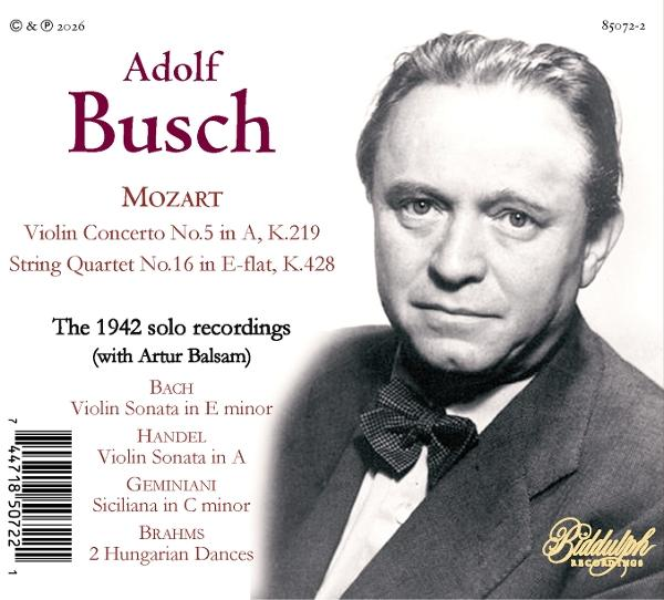 CD-Cover von Adolf Busch mit Porträt des Geigers im Anzug und Text über Mozart-Aufnahmen.