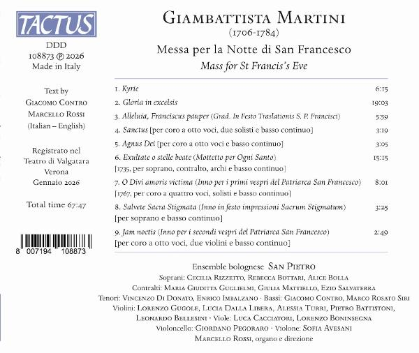 CD-Rückseite für Giambattista Martini Messa per la Notte di San Francesco mit Trackliste und Mitwirkenden.