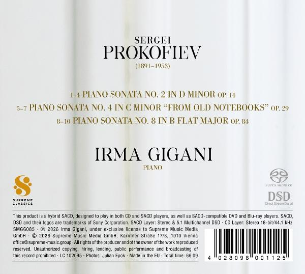Rückseite eines CD-Covers mit Prokofiev Klavierstücken von Irma Gigani, Trackliste und Barcode.