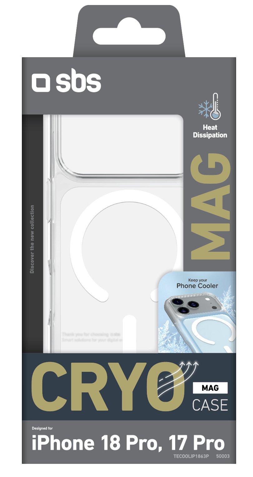 Opakowanie etui Cryo Mag do iPhone 18 Pro i 17 Pro, z odprowadzaniem ciepła i przezroczystym designem.