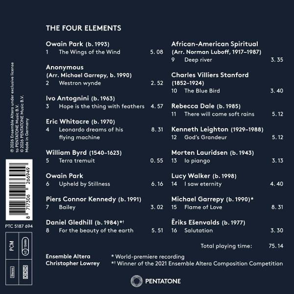 Rückseite der CD 'The Four Elements' von Ensemble Altera, mit Trackliste und Pentatone-Logo auf blauem Grund.