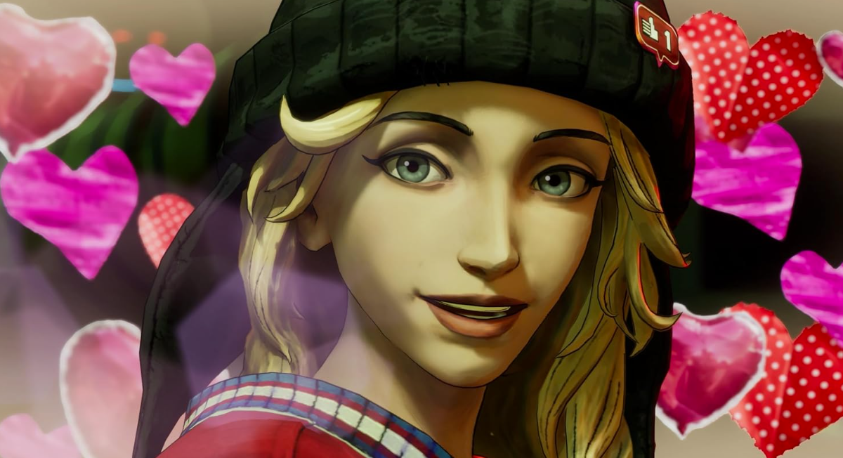 Eine blonde animierte Frau mit schwarzer Mütze und Lächeln im Gesicht, umgeben von roten und rosa Herzen.