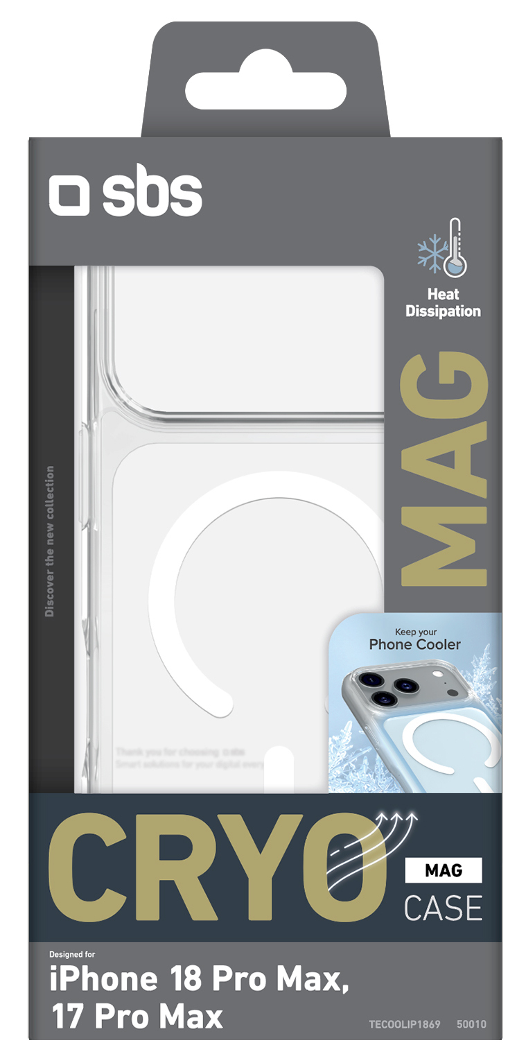 Opakowanie etui CRYO MAG do iPhone 18 Pro Max i 17 Pro Max, biało-szare ze złotym napisem.