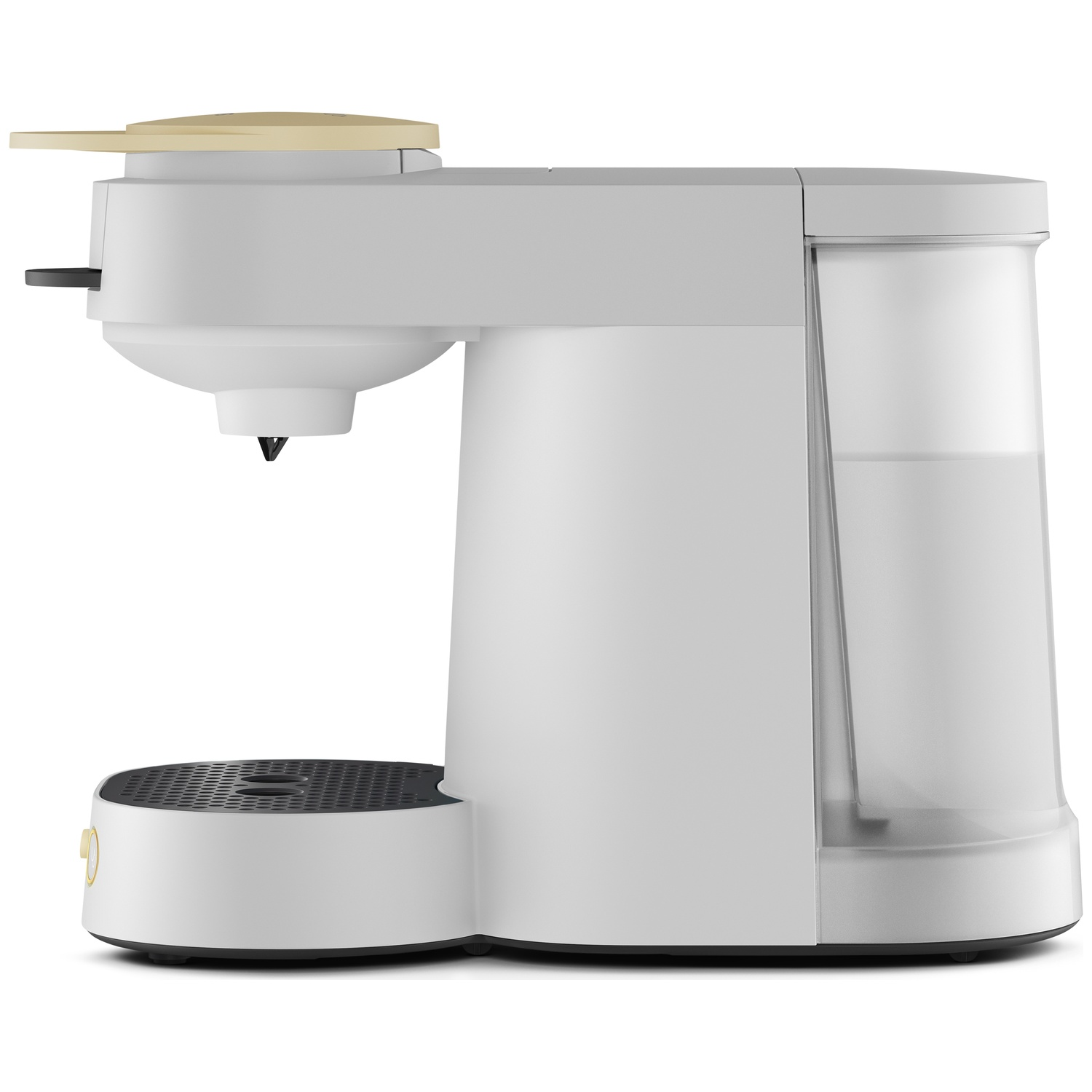 Une cafetière blanche avec un couvercle beige et un réservoir d'eau transparent sur fond blanc.