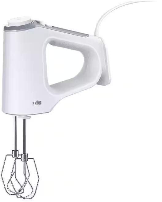 Un frullatore a mano bianco Braun con doppie fruste e cavo di alimentazione su sfondo bianco.