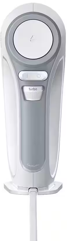 Sbattitore elettrico bianco con impugnatura grigia, selettore di velocità e cavo.