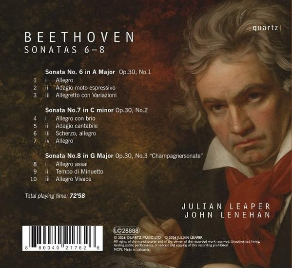CD-Cover von Beethoven Sonaten 6-8 mit Portrait von Beethoven und Tracklist auf braunem Hintergrund.