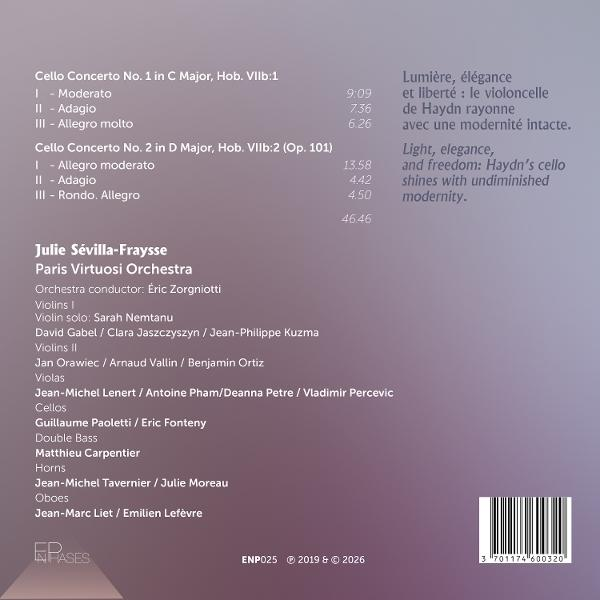 Rückseite einer Musik-CD mit Trackliste, Orchesterdetails und Barcode vor grauem Hintergrund.