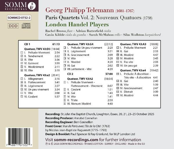 Rückseite des CD-Covers mit Trackliste für Georg Philipp Telemanns Pariser Quartette, gespielt von London Handel Players.
