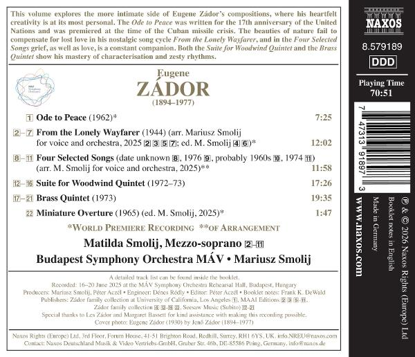 Rückseite des CD-Covers mit trackliste, Dirigenteninfo und Barcode für Eugene Zádors Musik.