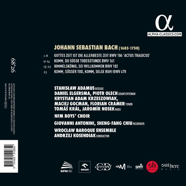 CD-Rückseite mit Johann Sebastian Bach Tracklist auf schwarzem Hintergrund.