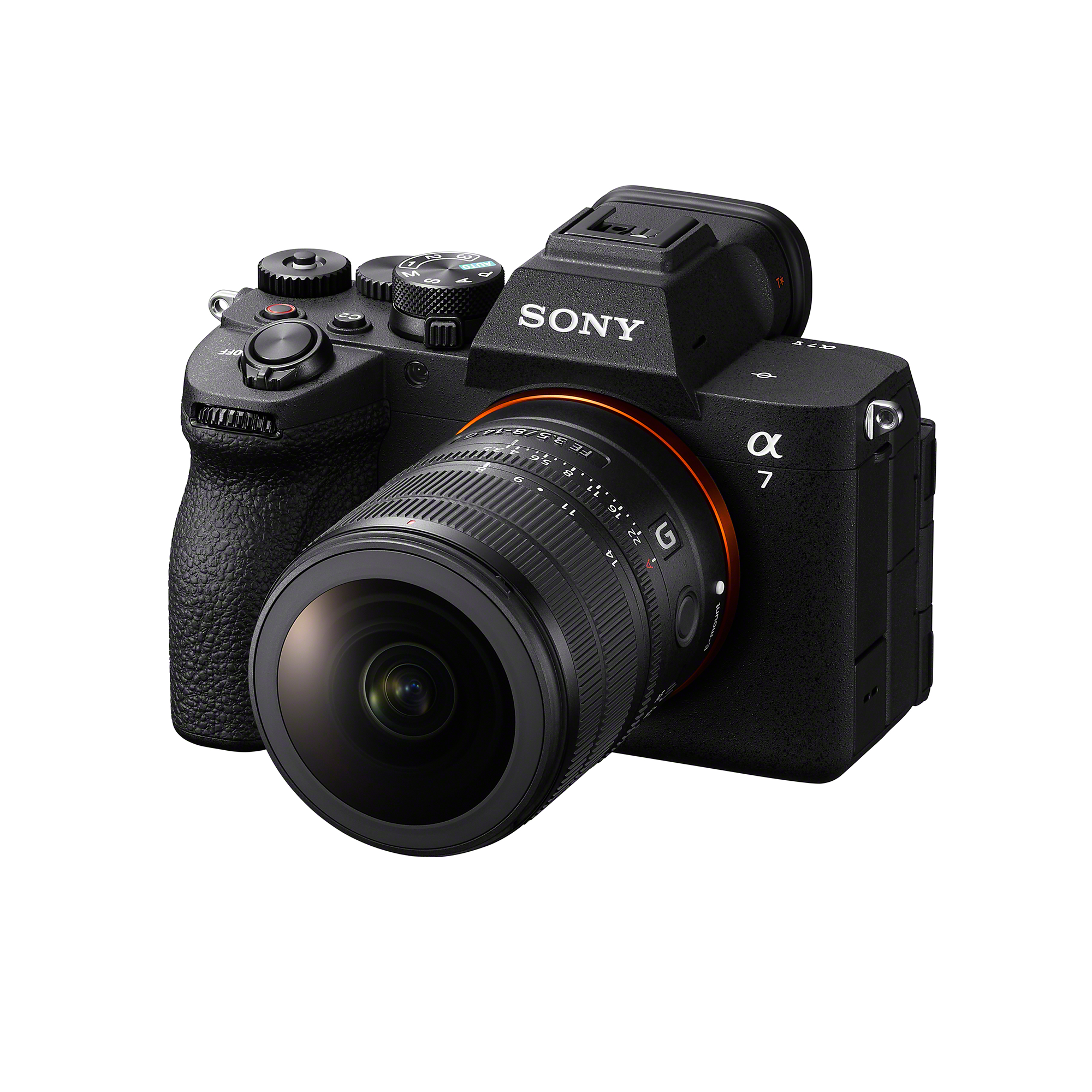 Appareil photo hybride Sony Alpha 7 noir avec objectif fixé sur fond blanc.