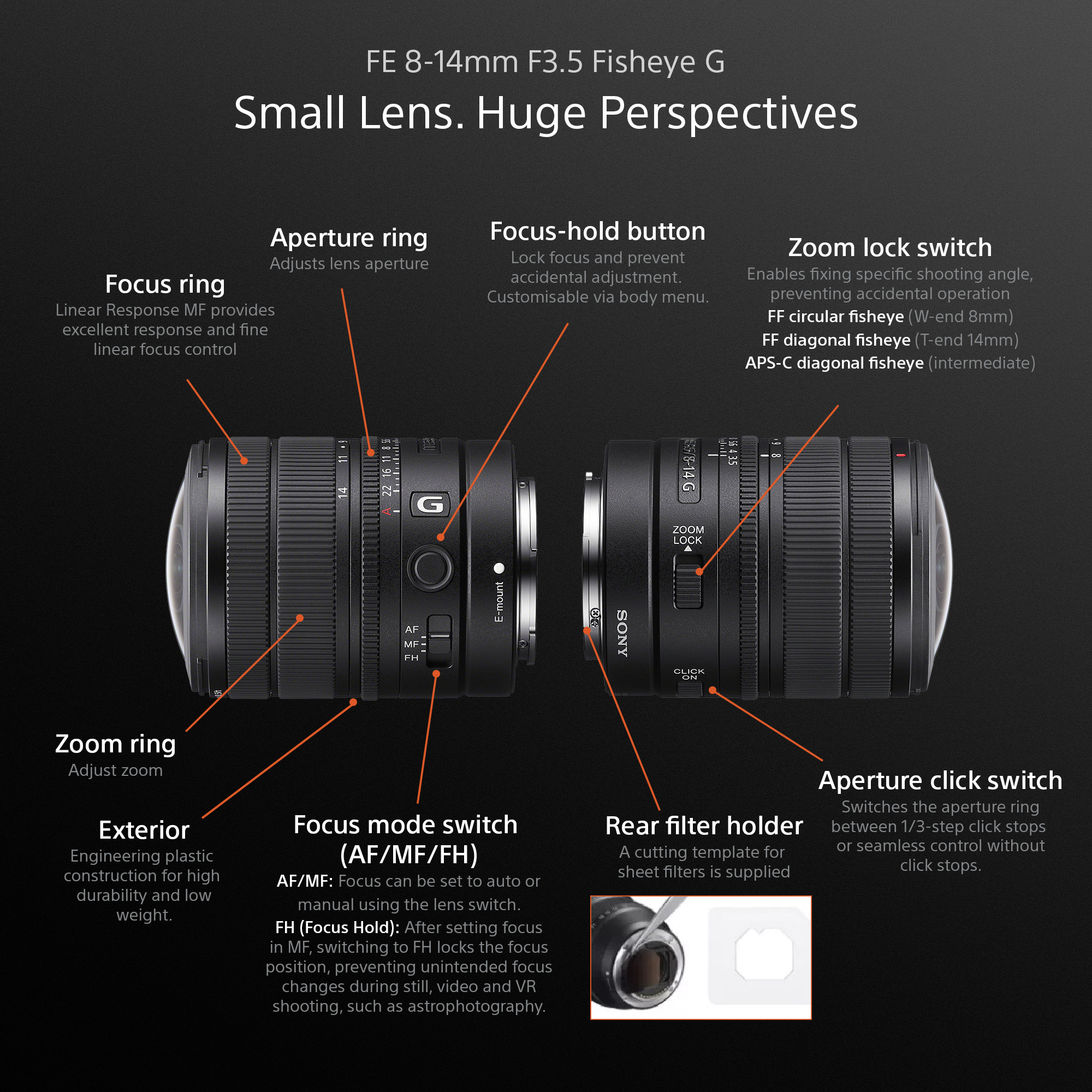 Infographie détaillant les fonctionnalités et commandes de l'objectif FE 8-14mm F3.5 Fisheye G.