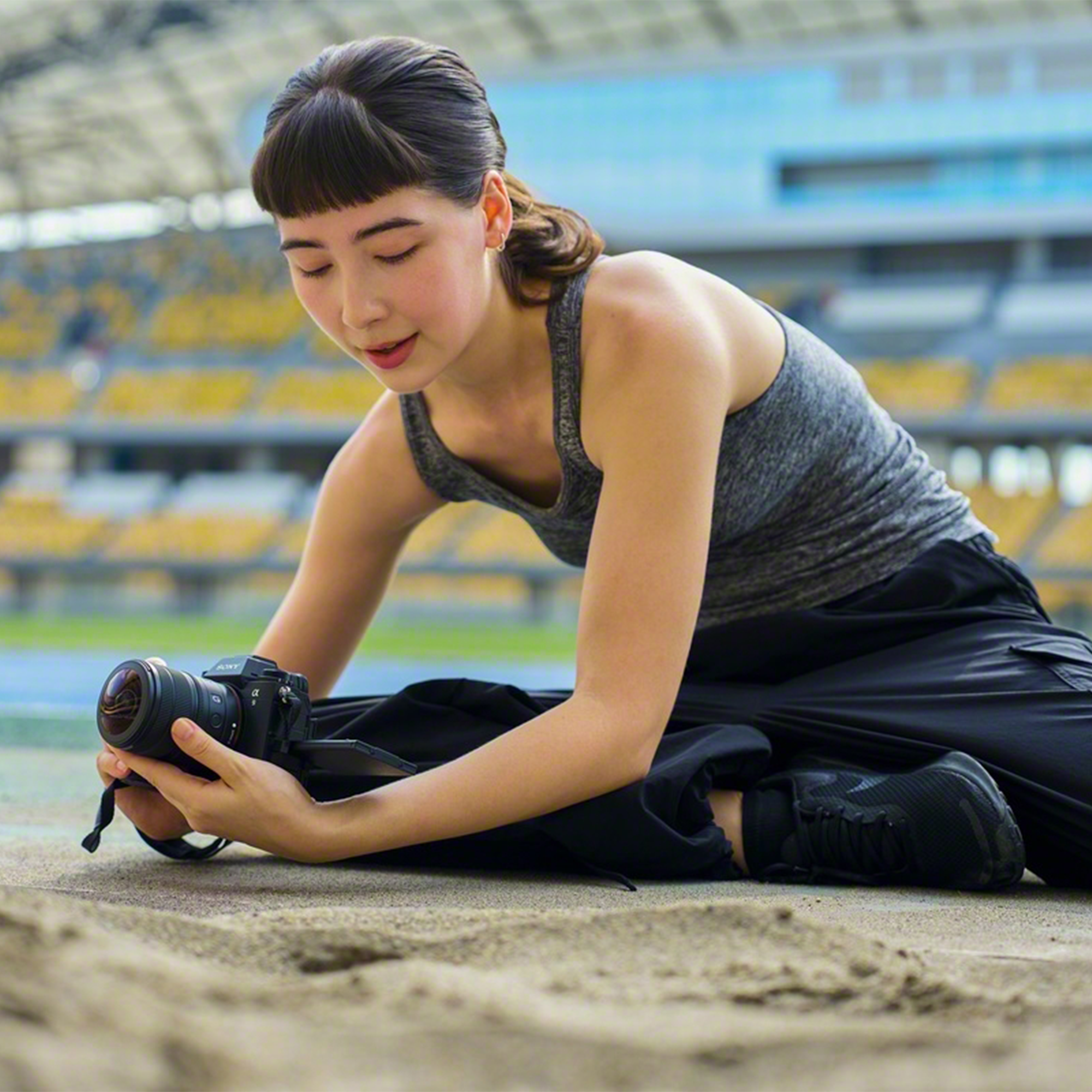 Une femme en tenue de sport est assise dans le sable et manipule un appareil photo, avec un stade en arrière-plan.