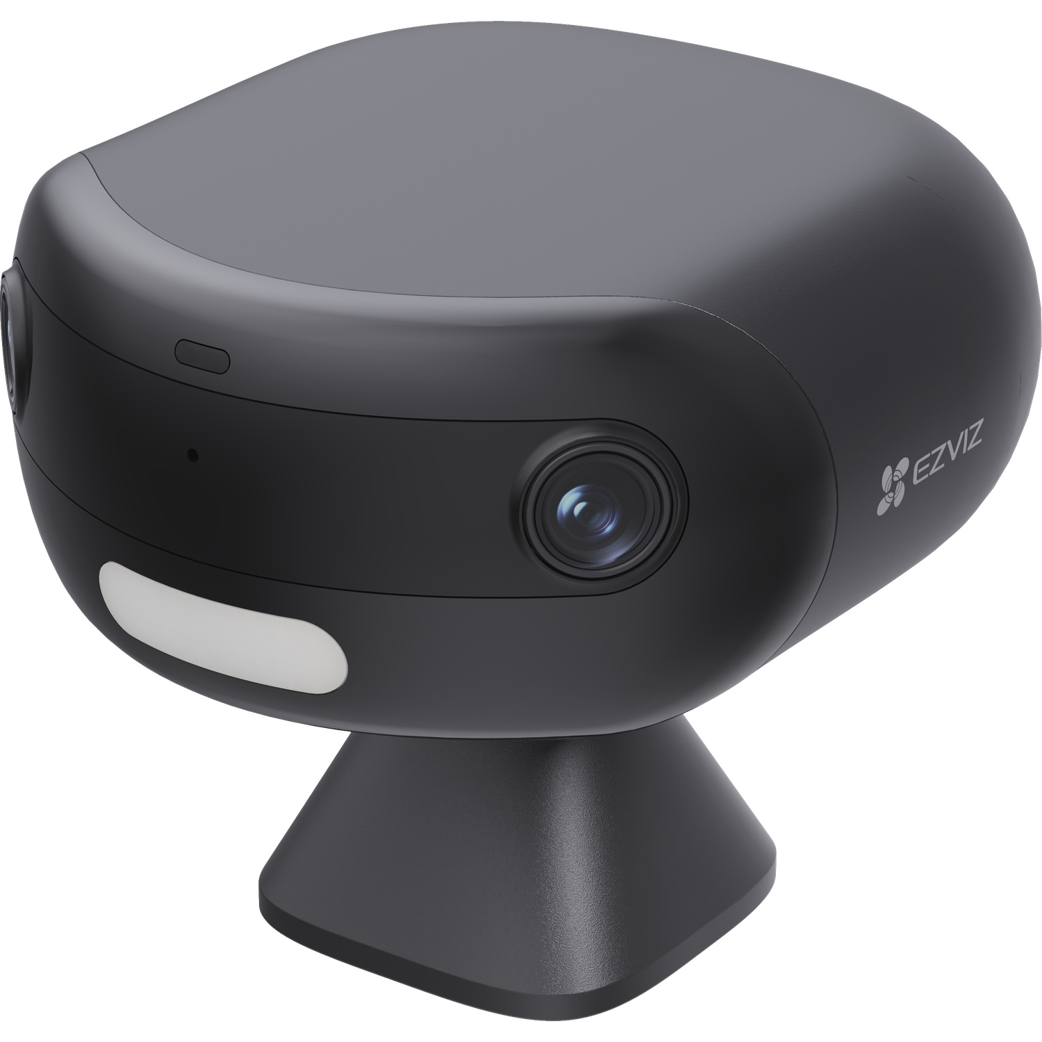 A black security camera on a gray stand, featuring a lens and white light against a plain white background.