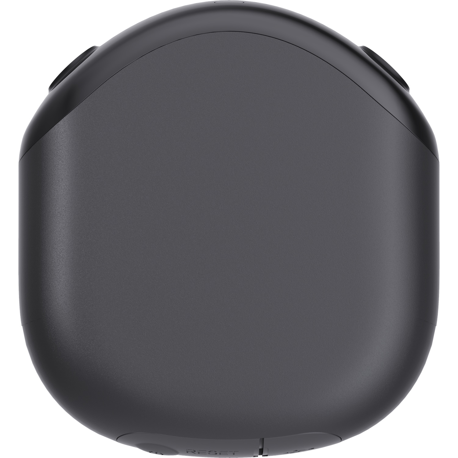 A matte dark gray rounded device featuring buttons and a reset label on a plain white surface.