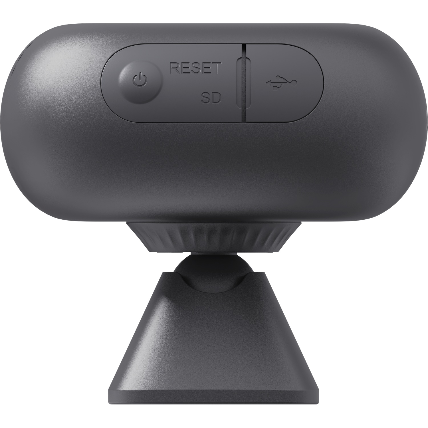 A black security camera on a triangular stand, featuring a power button, reset, SD card slot, and USB port.