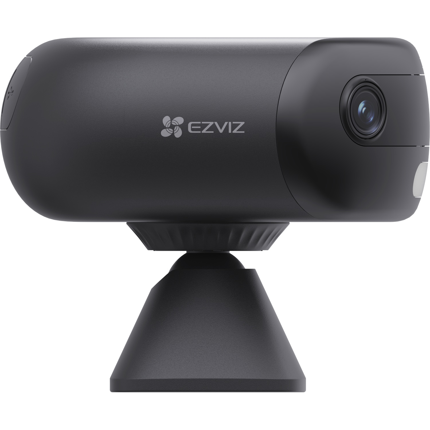 A black EZVIZ security camera on a matching stand, viewed from the side against a white background.