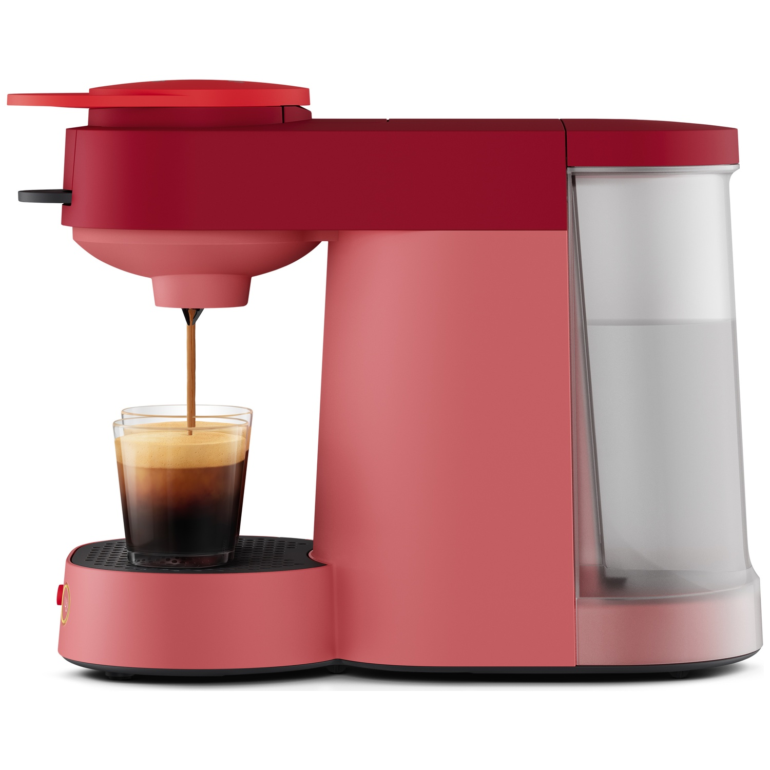 Rode koffiemachine zet koffie in een klein glas op een staander voor een watertank.