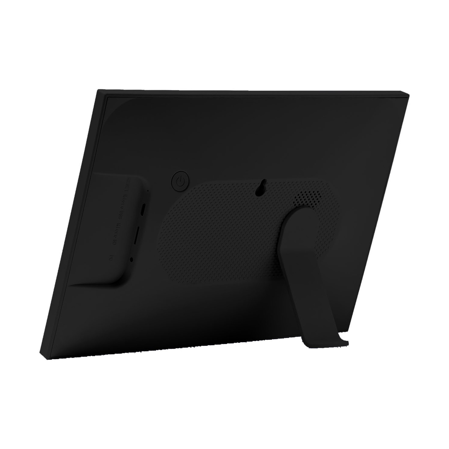 Il retro di una cornice digitale nera con supporto integrato e varie porte visibili.