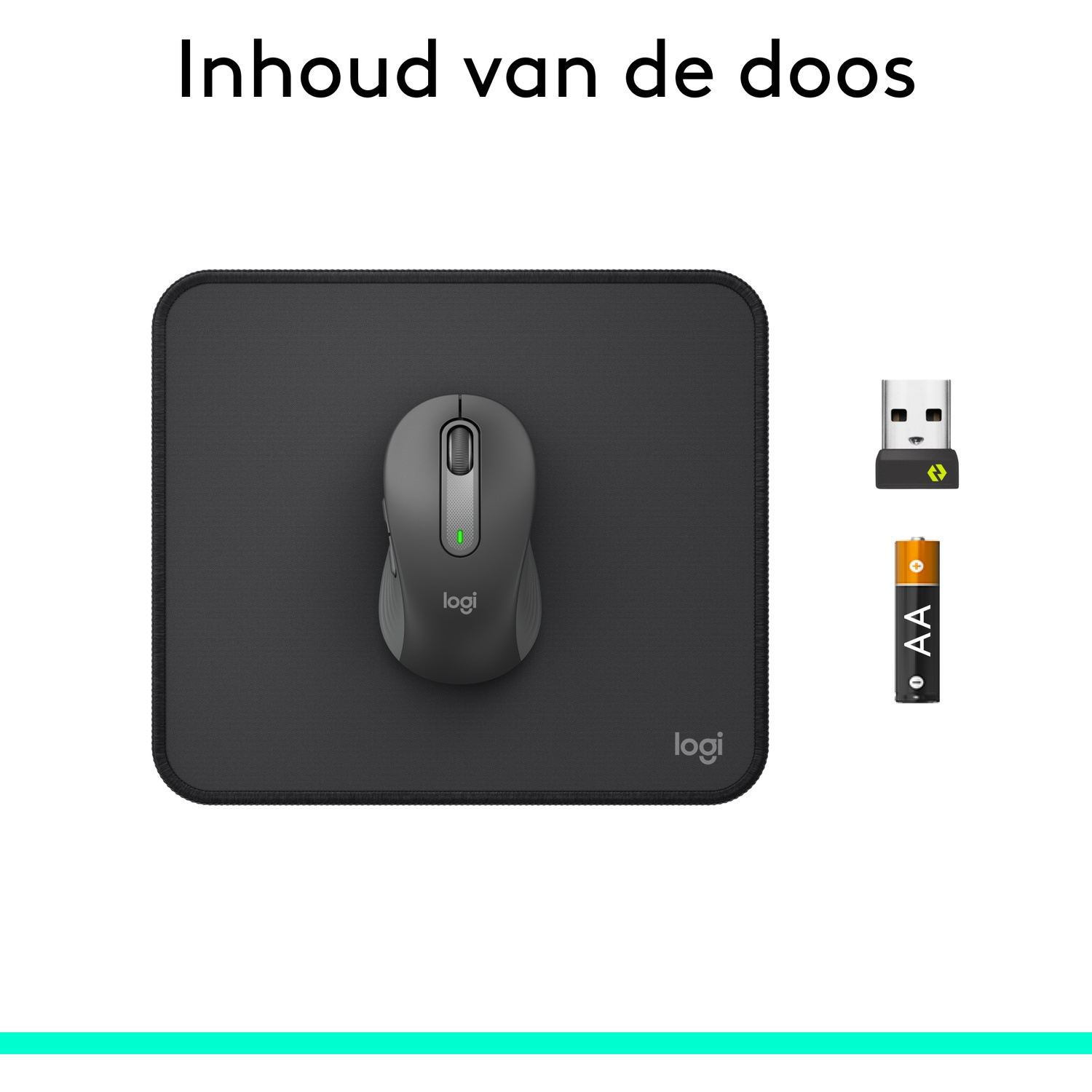 Contenu d'une boîte de souris Logitech avec souris sur tapis, récepteur USB et pile AA sur fond blanc.