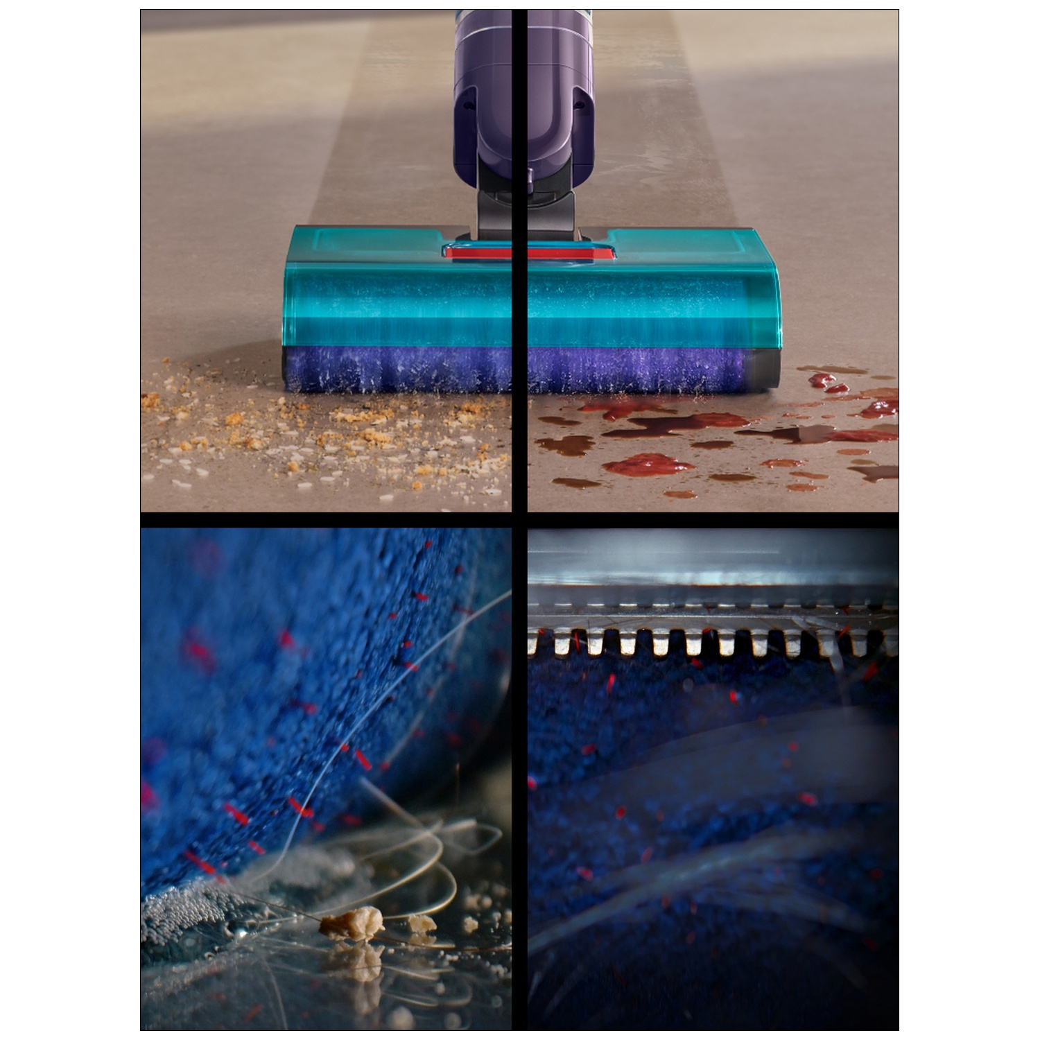Quatre images divisées montrent une tête d'aspirateur bleue nettoyant des miettes et des liquides.