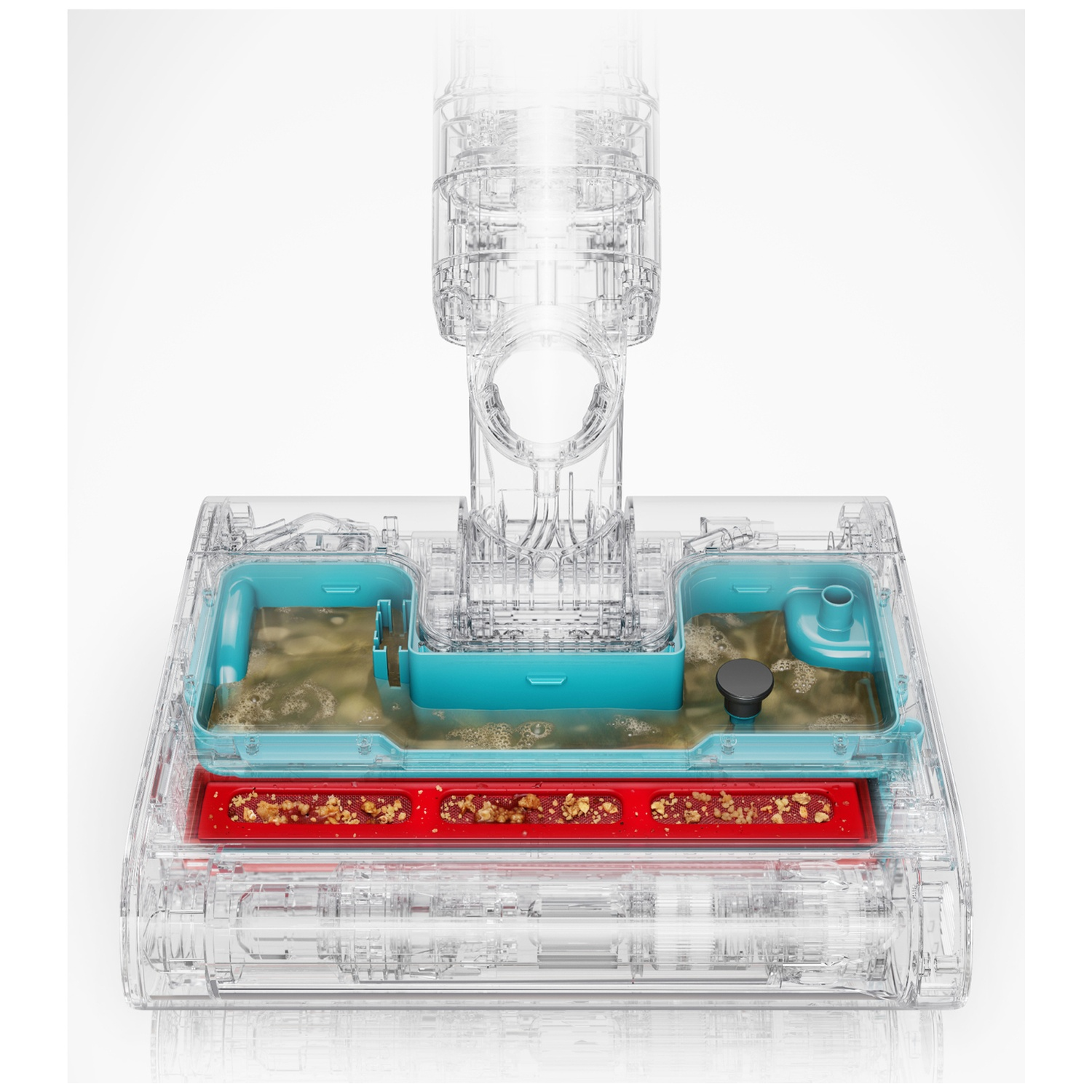 Tête d'aspirateur transparente avec de l'eau sale dans des réservoirs bleus et des miettes dans un compartiment rouge.