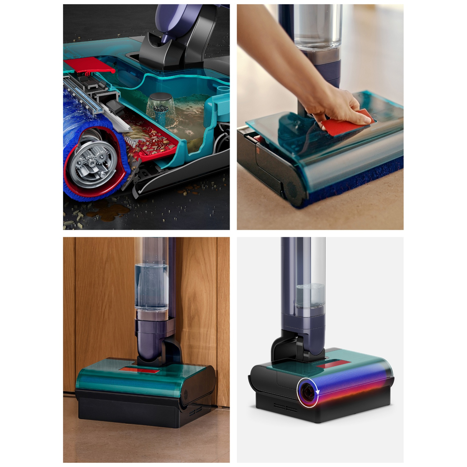 Image en quatre parties montrant les détails, l'utilisation et le chauffage d'un aspirateur.