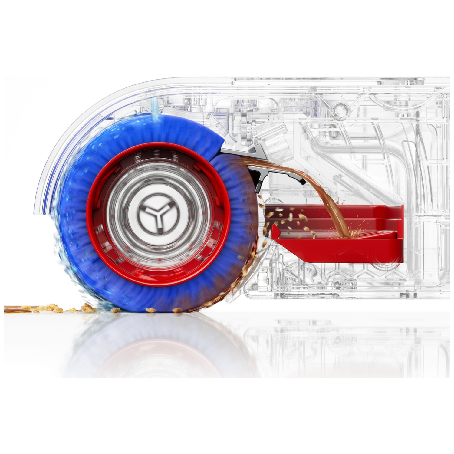 Tête d'aspirateur transparente montrant une brosse bleue, un rebord rouge et du liquide dans un bac.