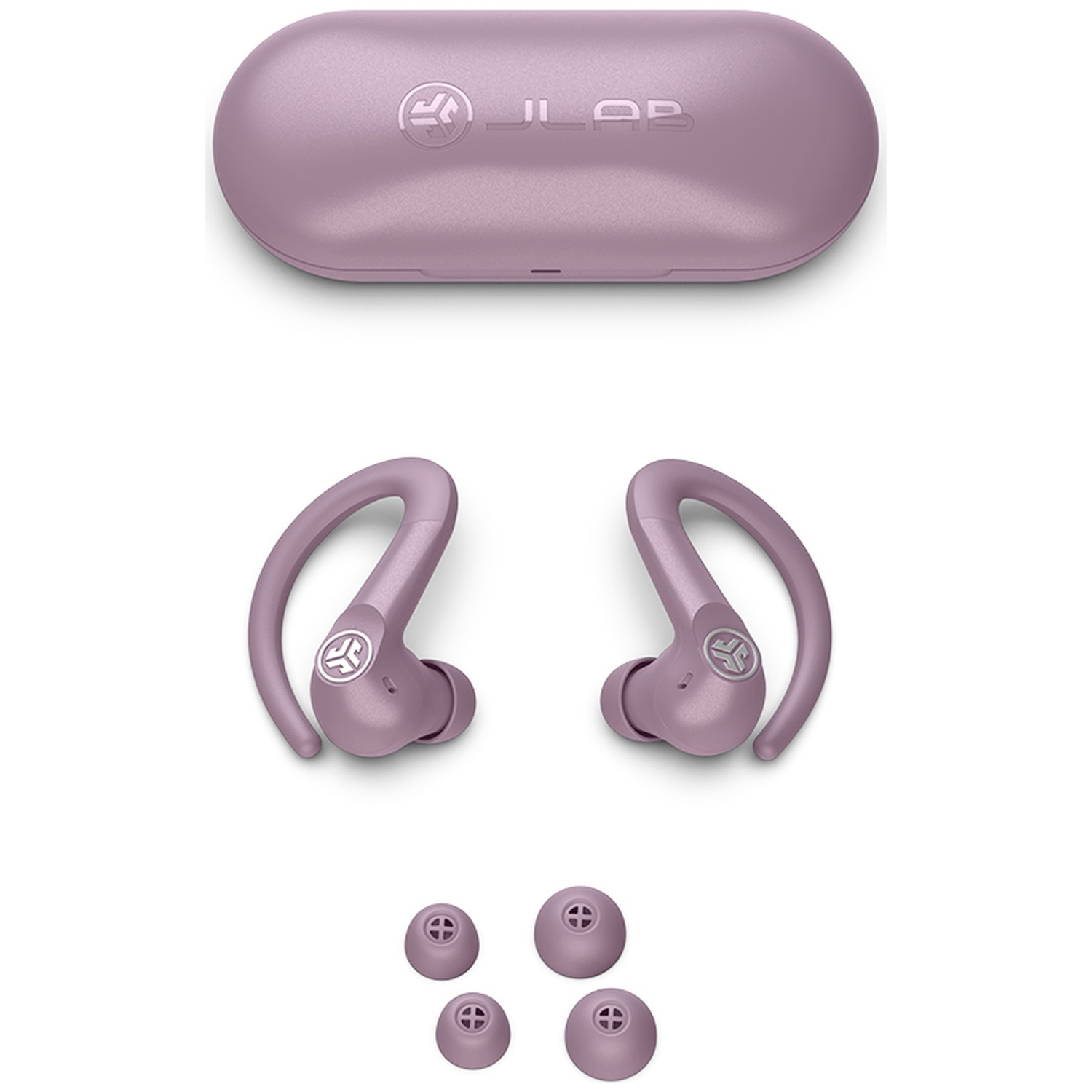 Écouteurs sans fil violet avec crochets, étui de charge et quatre embouts en silicone supplémentaires.