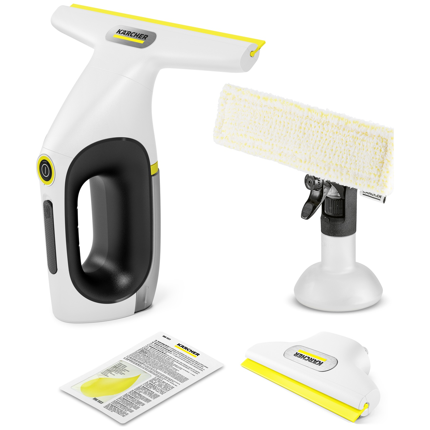 Aspirateur de vitres Karcher blanc et jaune avec flacon pulvérisateur, accessoire de nettoyage et détergent.