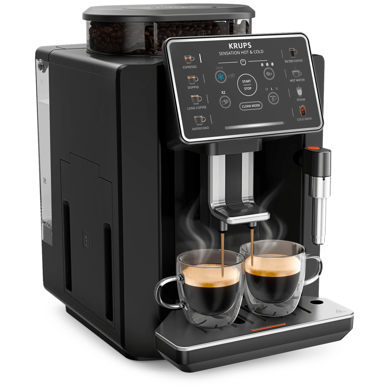 Machine à café Krups noire avec écran tactile versant de l'espresso dans deux tasses en verre.