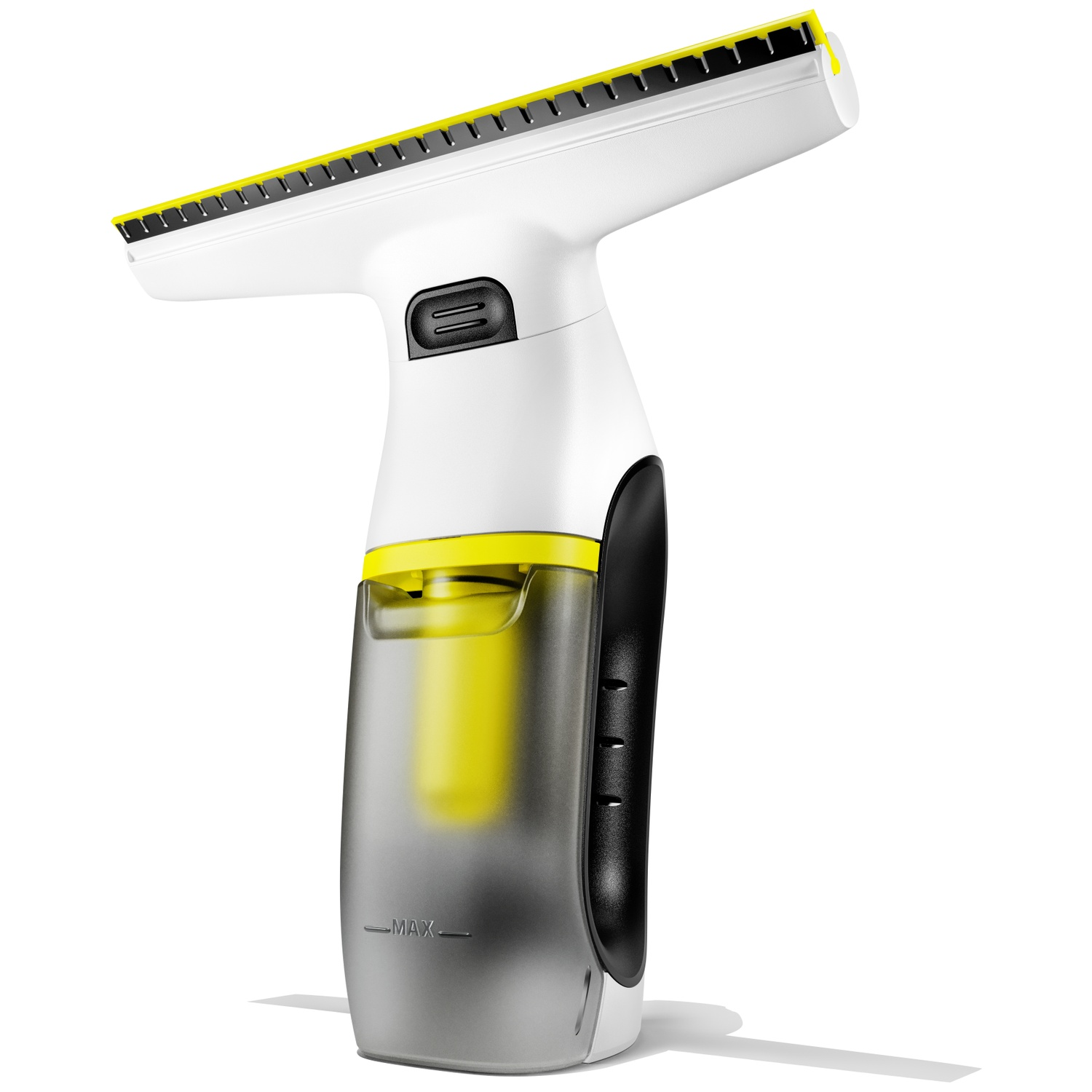 Un nettoyeur de vitres sans fil blanc et jaune avec poignée noire et réservoir d'eau translucide.