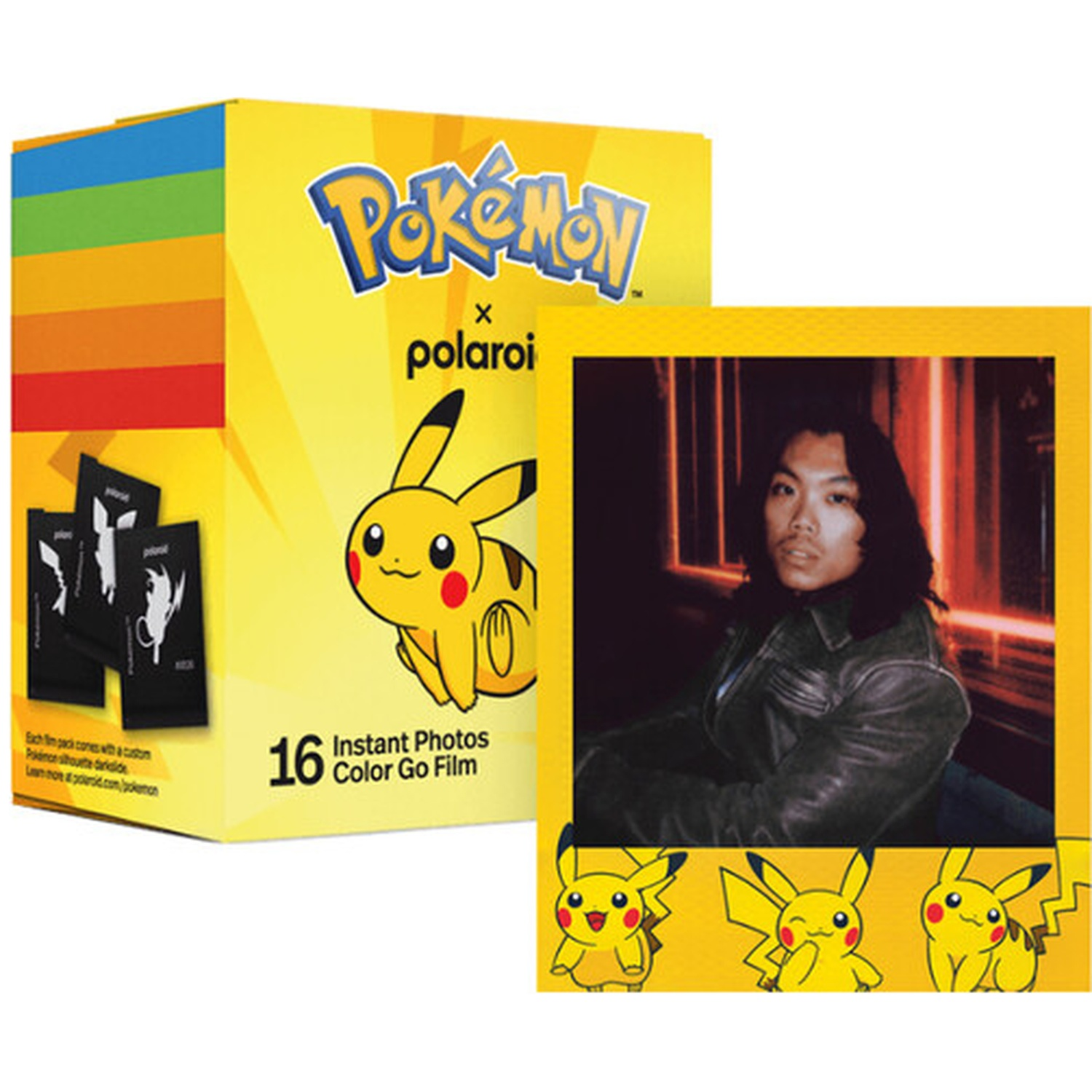 Boîte de film Pokémon x Polaroid avec Pikachu et une photo d'exemple d'un homme.