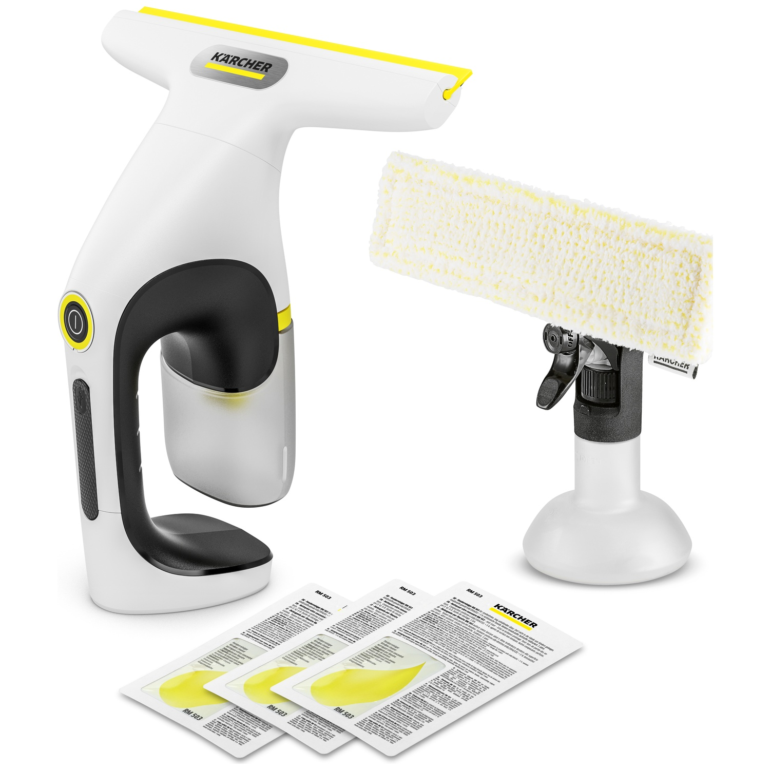 Een wit-gele Karcher raamzuiger, spuitfles met microvezeldoek en drie reinigingsmiddelzakjes.