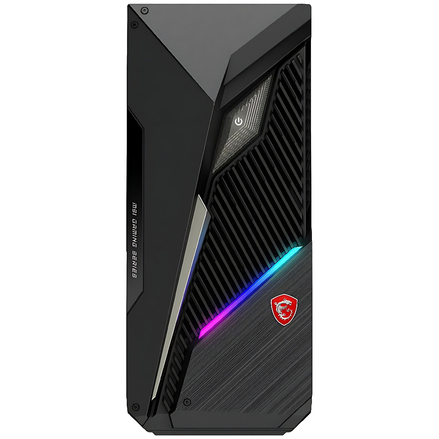 Tour de PC gamer MSI noire au design géométrique, avec grilles d'aération et logo illuminé.