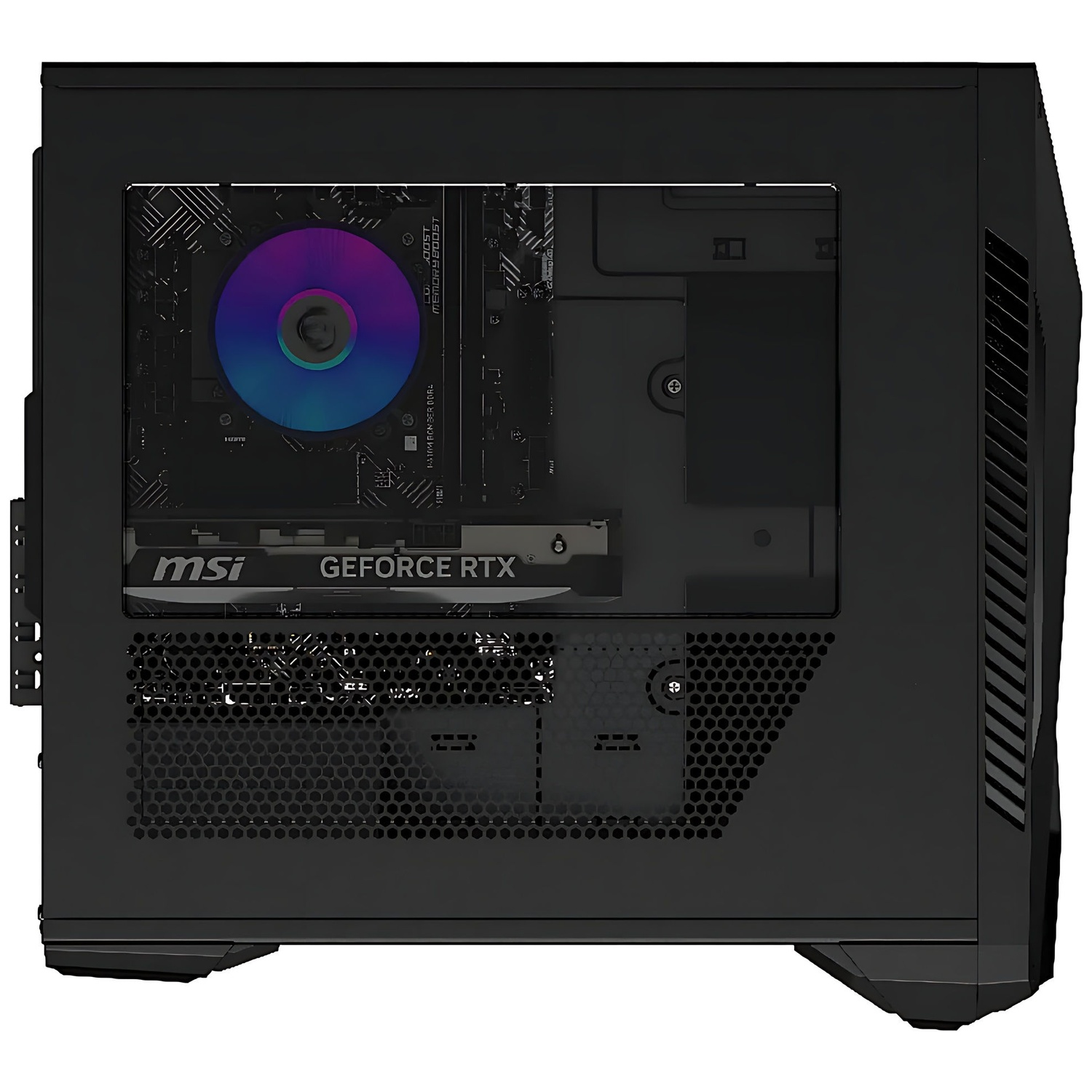 Un boitier PC noir avec une MSI GeForce RTX et un ventilateur lumineux coloré à l'intérieur.