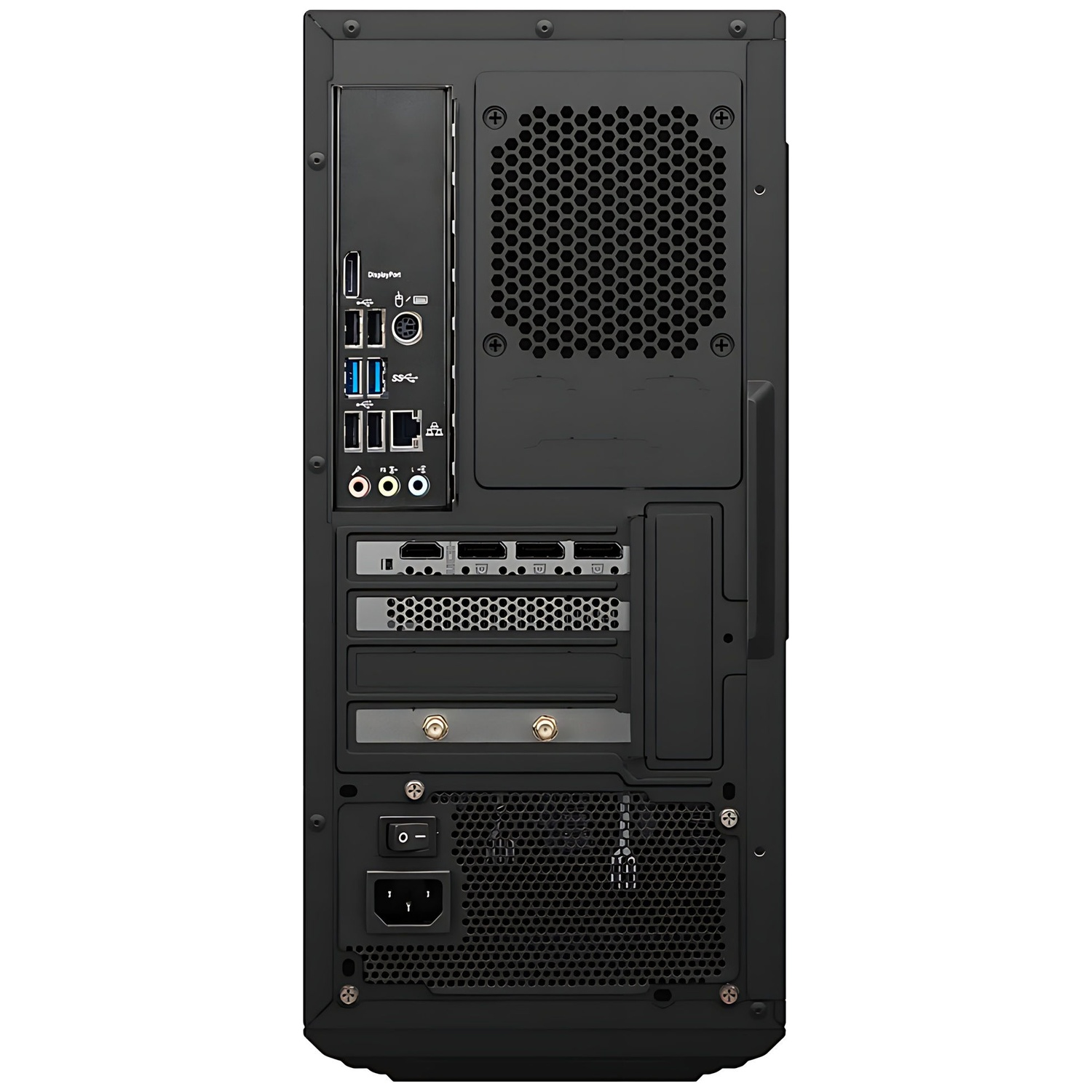 L'arrière d'un boîtier de PC noir avec des ports d'E/S, des grilles de ventilation et une alimentation.