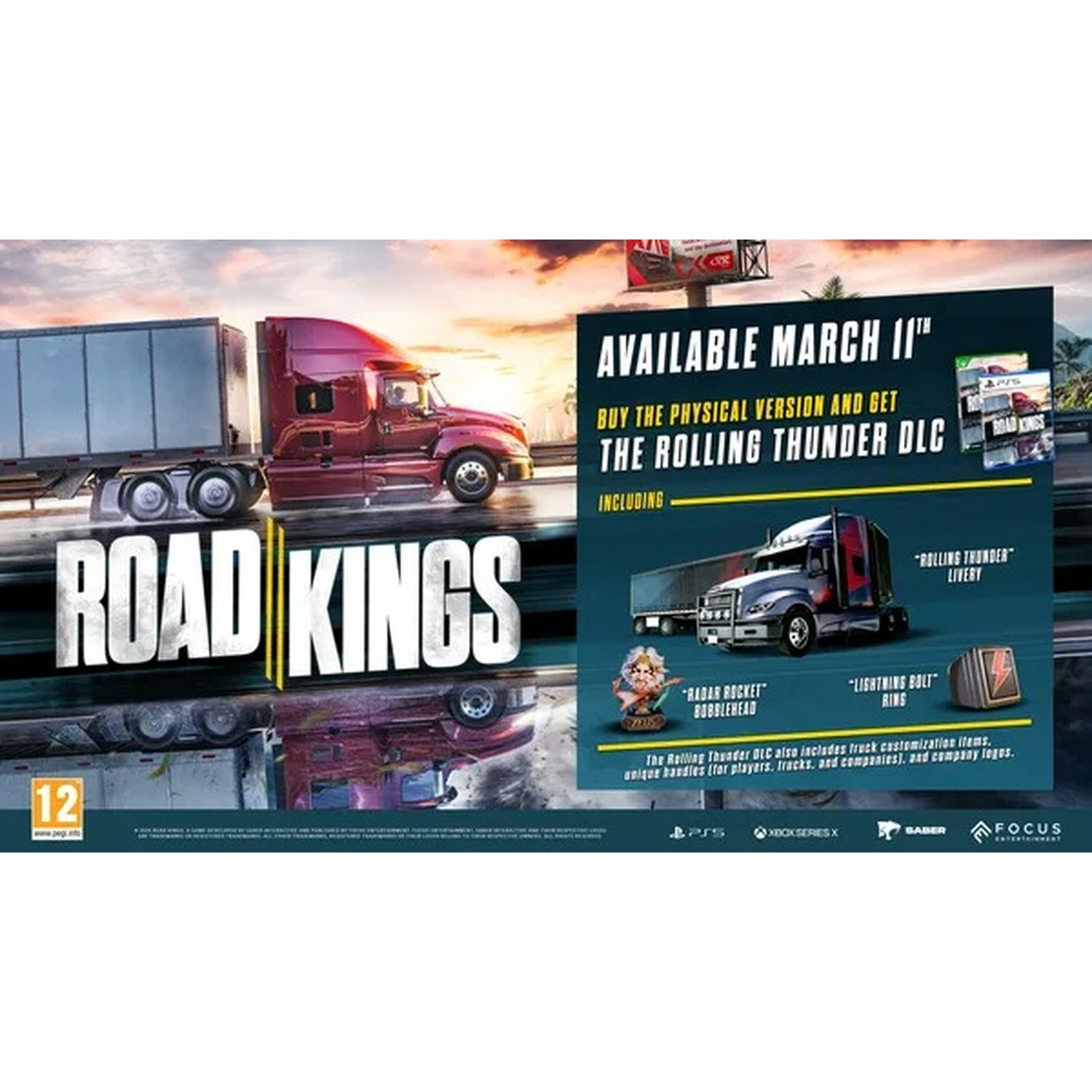 Publicité pour le jeu Road Kings avec des camions rouges et du texte.