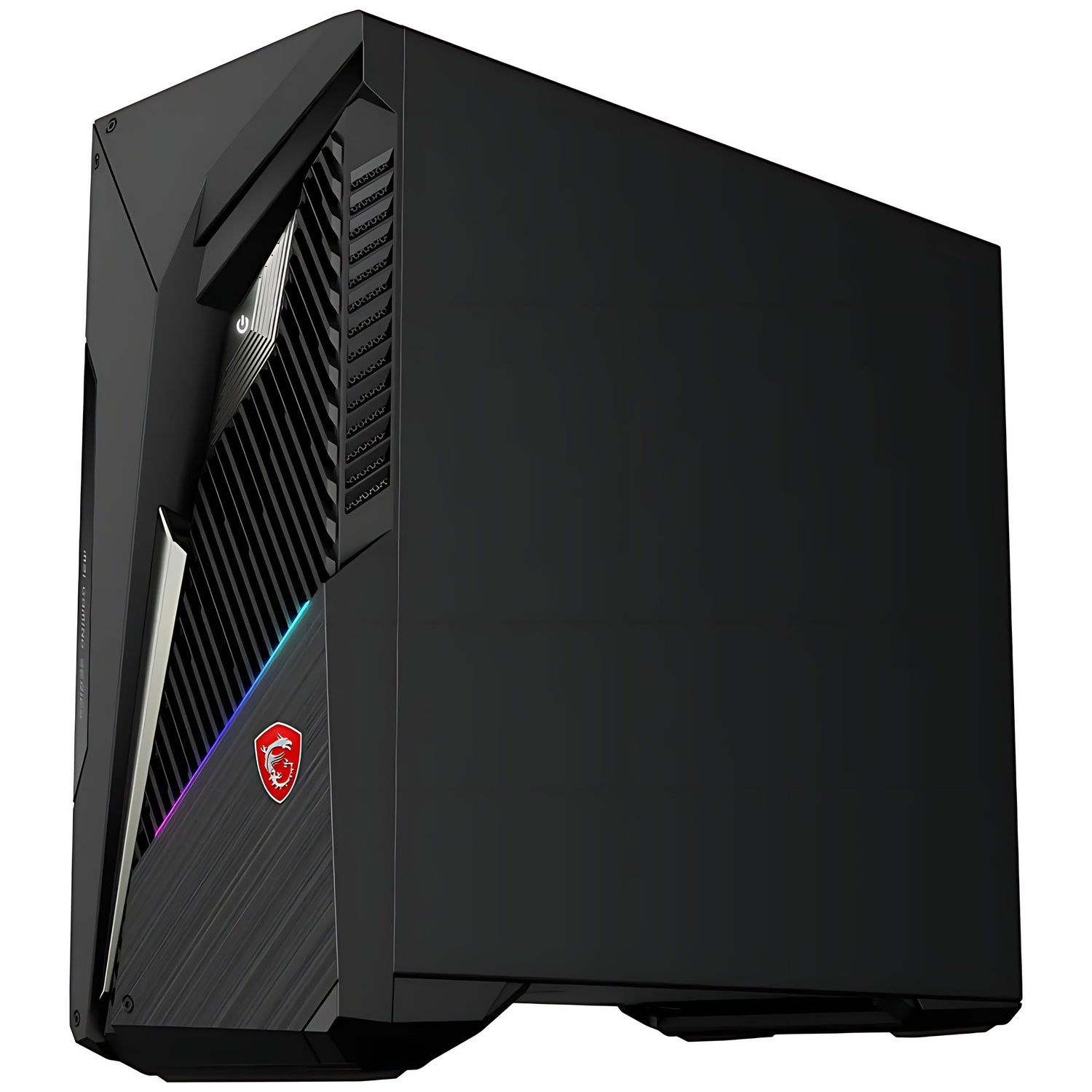 Unité centrale de jeu MSI noire avec éclairage LED et logo rouge.