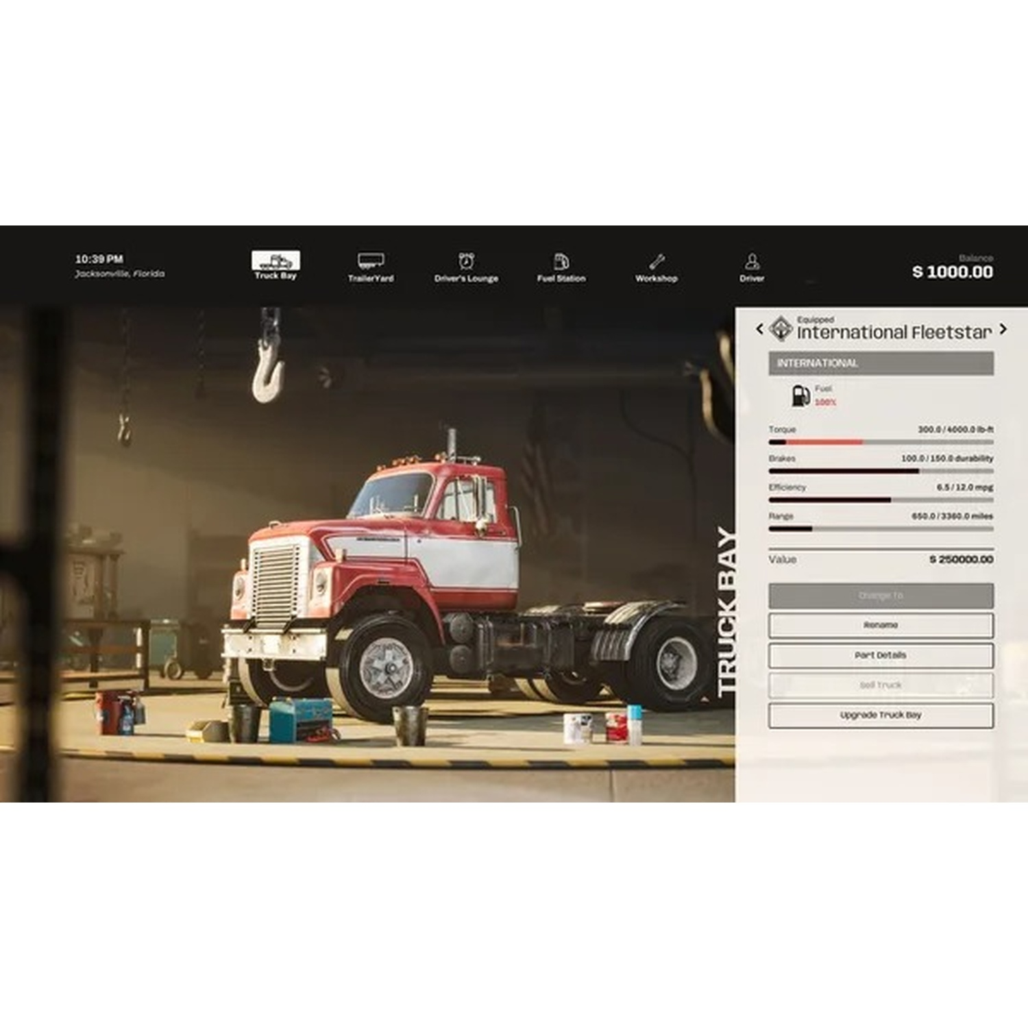 Un camion rouge est dans un garage avec des options de menu à droite.