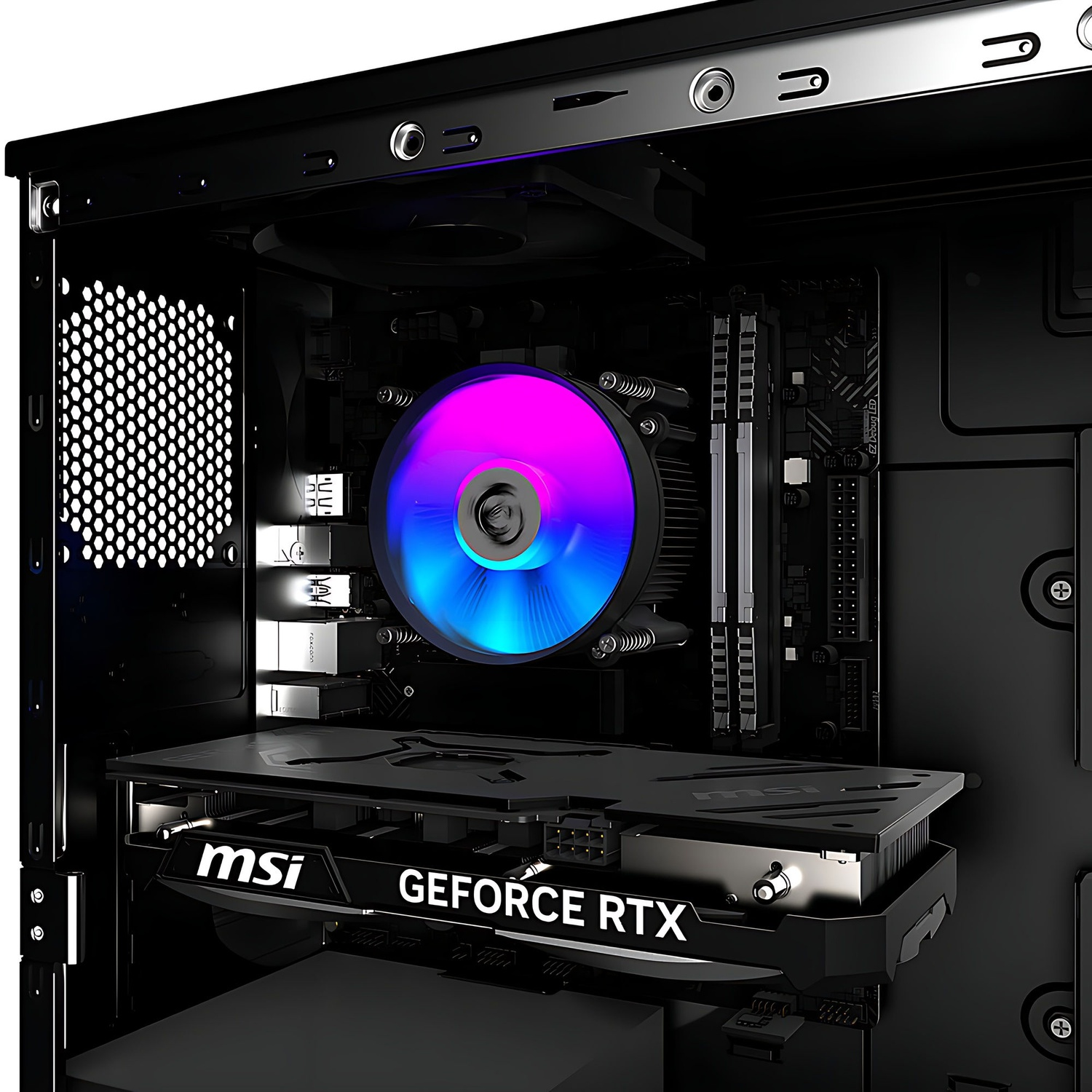 Intérieur d'un boîtier PC avec un ventilateur de processeur lumineux bleu et violet et une carte graphique MSI.