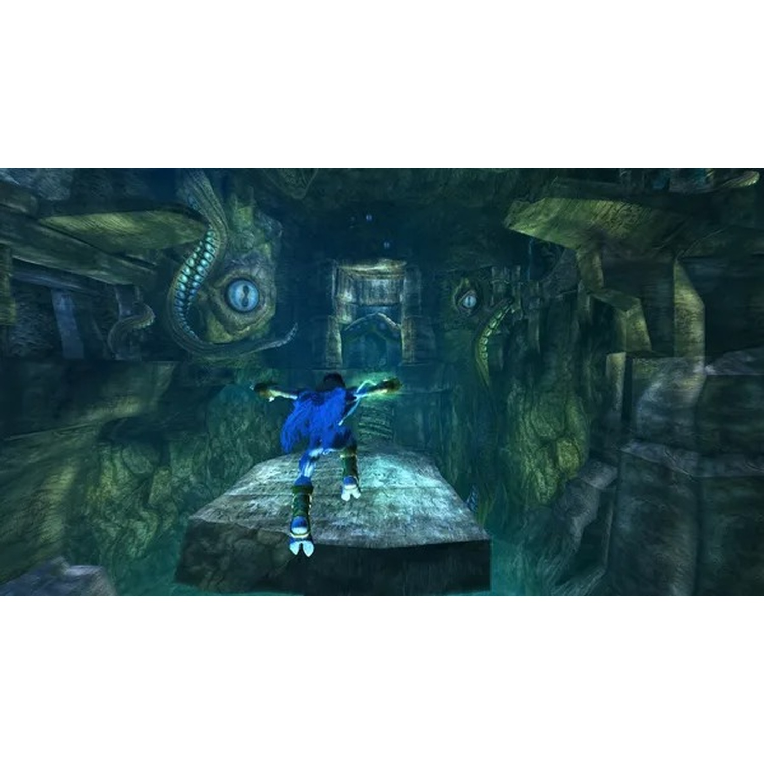Créature bleue courant dans une grotte de pierre sombre aux murs ornés d'yeux géants.