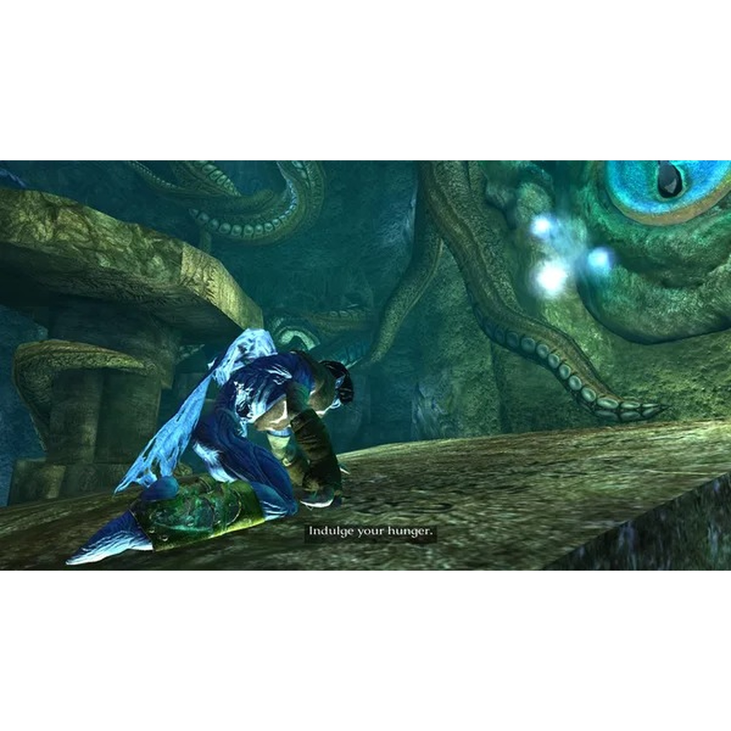 Une silhouette vêtue de bleu s'agenouille dans une caverne avec des tentacules géants et un œil massif.