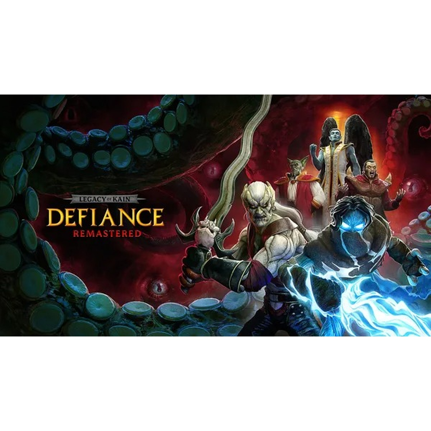 Écran titre de Legacy of Kain Defiance Remastered avec des personnages, une épée et des tentacules.