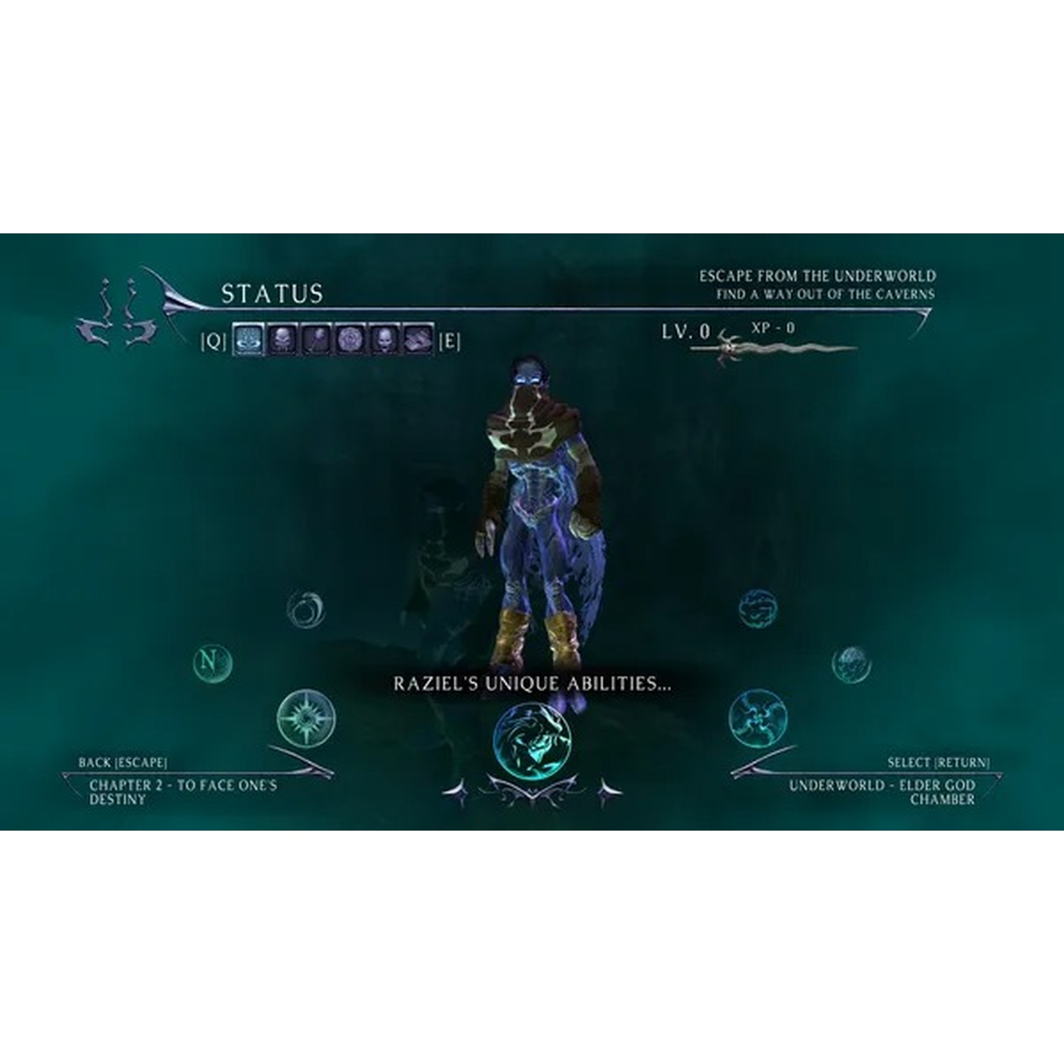 Menu de jeu affichant le statut de Raziel et des orbes magiques sur fond sombre.
